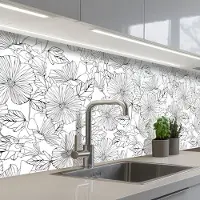 KitchenYeah Keuken achterwand 200x60 cm - Spatscherm zelfklevend Bloemen - Zwart - Wit - Design - Flora - Muurbeschermer - Spatwand fornuis