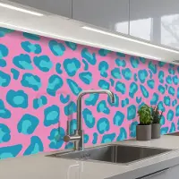 KitchenYeah Keuken achterwand 200x60 cm - Spatscherm zelfklevend Panterprint - Blauw - Roze - Patronen - Muurbeschermer - Spatwand fornuis