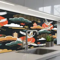 KitchenYeah Keuken achterwand 100x60 cm - Spatscherm zelfklevend Kraanvogel - Wolken - Japan - Patroon - Muurbeschermer - Spatwand fornuis