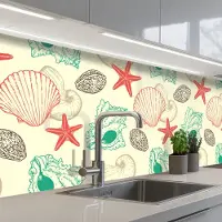 KitchenYeah Keuken achterwand 250x80 cm - Spatscherm zelfklevend Schelpen - Zeester - Strand - Vintage - Patroon - Muurbeschermer - Spatwand fornuis