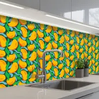 KitchenYeah Keuken achterwand 350x60 cm - Spatscherm zelfklevend Mango - Patroon - Fruit - Bladeren - Muurbeschermer - Spatwand fornuis