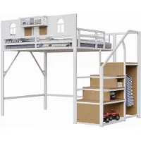 Merax Metalen Hoogslaper 140x200 cm - Met Opbergleider - Vensterpanelen - Houten Planken en Netstructuur - Verhoogde Veiligheidsrand - Legplank - Wit