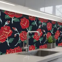 KitchenYeah Keuken achterwand 200x60 cm - Spatscherm zelfklevend Rozen - Bloem - Patroon - Rood - Muurbeschermer - Spatwand fornuis