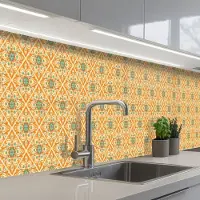 KitchenYeah Keuken achterwand 400x60 cm - Spatscherm zelfklevend Mandala - Boho - Bloemen - Oranje - Patroon - Muurbeschermer - Spatwand fornuis
