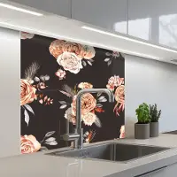 KitchenYeah Keuken achterwand 80x80 cm - Spatscherm zelfklevend Patronen - Rozen - Zwart - Muurbeschermer - Spatwand fornuis