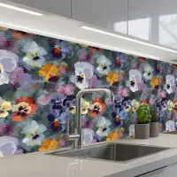 KitchenYeah Keuken achterwand 300x60 cm - Spatscherm zelfklevend Pastel - Viooltjes - Groen - Patroon - Muurbeschermer - Spatwand fornuis