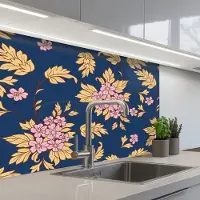 KitchenYeah Keuken achterwand 80x60 cm - Spatscherm zelfklevend Bloesem - Bladeren - Roze - Goud - Patronen - Muurbeschermer - Spatwand fornuis
