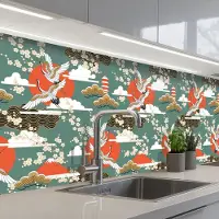 KitchenYeah Keuken achterwand 350x60 cm - Spatscherm zelfklevend Kraanvogel - Sakura - Zon - Patronen - Muurbeschermer - Spatwand fornuis