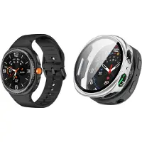 Strap-it 2-in-1 bundel: Siliconen bandje met gespsluiting (zwart) + Hard case hoesje met screenprotector glas (zilver) – stevig & stijlvol – geschikt voor Galaxy Watch 8 – 44mm