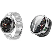 Strap-it Stalen schakel band Zilver + Hard case hoesje met screenprotector glas Zilver – geschikt voor Samsung Galaxy Watch 8 44mm – luxe & optimale bescherming