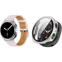 Strap-it Bundel – Leren Smartwatch Band met Gespsluiting (Roze) + Hard Case met Screenprotector Glas (Zilver) geschikt voor Samsung Galaxy Watch 8 (44mm)