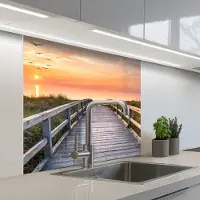 KitchenYeah Keuken achterwand 80x80 cm - Spatscherm zelfklevend Zonsonderang - Zee - Pad - Gras - Duin - Vogels - Muurbeschermer - Spatwand fornuis