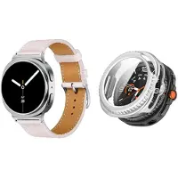 Strap-it Bundel – Leren Smartwatch Band met Gespsluiting (Roze) + Hard Case met Screenprotector Glas (Zilver) geschikt voor Samsung Galaxy Watch 8 Classic (46mm)