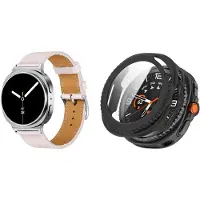 Strap-it Bundel – Leren Smartwatch Band met Gespsluiting (Roze) + Hard Case met Screenprotector Glas (Zwart) geschikt voor Samsung Galaxy Watch 8 Classic (46mm)