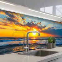 KitchenYeah Keuken achterwand 400x80 cm - Spatscherm zelfklevend Zee - Zonsondergang - Strand - Wolken - Oranje - Muurbeschermer - Spatwand fornuis
