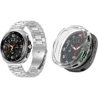 Strap-it Stalen schakel band Zilver + Soft case hoesje TPU Transparant – geschikt voor Samsung Galaxy Watch 8 44mm – luxe & optimale bescherming