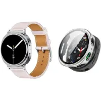 Strap-it Bundel – Leren Smartwatch Band met Gespsluiting (Roze) + Hard Case met Screenprotector Glas (Zilver) geschikt voor Samsung Galaxy Watch 8 (40mm)