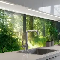 KitchenYeah Keuken achterwand 500x80 cm - Spatscherm zelfklevend Natuur - Bomen - Bos - Groen - Zon - Gras - Planten - Muurbeschermer - Spatwand fornuis