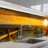 KitchenYeah Keuken achterwand 200x60 cm - Spatscherm zelfklevend Zon - Strand - Duin - Horizon - Gras - Pad - Oranje - Muurbeschermer - Spatwand fornuis