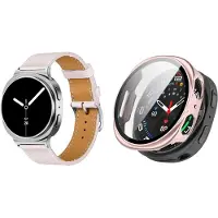 Strap-it Bundel – Leren Smartwatch Band met Gespsluiting (Roze) + Hard Case met Screenprotector Glas (Roze) geschikt voor Samsung Galaxy Watch 8 (40mm)