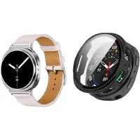 Strap-it Bundel – Leren Smartwatch Band met Gespsluiting (Roze) + Hard Case met Screenprotector Glas (Zwart) geschikt voor Samsung Galaxy Watch 8 (44mm)
