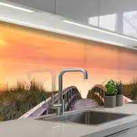 KitchenYeah Keuken achterwand 300x60 cm - Spatscherm zelfklevend Zonsonderang - Zee - Pad - Gras - Duin - Vogels - Muurbeschermer - Spatwand fornuis