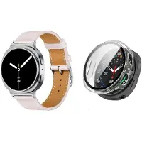 Strap-it Bundel – Leren Smartwatch Band met Gespsluiting (Roze) + Hard Case met Screenprotector Glas (Transparant) geschikt voor Samsung Galaxy Watch 8 (40mm)