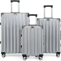 Infinity Leather Hardshell Zilveren Kofferset Robuuste 8 Wiel Bagage Cabine Tas