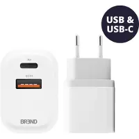 BREND BR-2212 Snellader met 2 Poorten - Power Charger – Snellaadadapter met USB en USB-C Aansluiting – Geschikt voor iPhone en Android - Wit