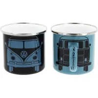 Brisa VW Collection - Volkswagen Set van 2 Geëmailleerde Koffie-Thee-Cappuccino-Kop-Mok-Haferl-Mok voor Camping & Buiten T1 Bus (350 ml x2/Zwart & Blauw)