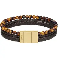 BOSS Armband met tijgerkralen en gevlochten bruin leer