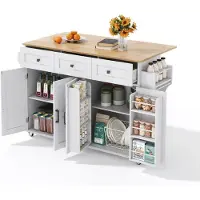 Merax Keukeneiland op Wielen – Uitklapbaar Werkblad 140x43(70)x90,5 cm – 4 Deuren – 3 Lades – Deurrekken – Dubbele Handdoekhouders – Wit met Hout Bruin Blad