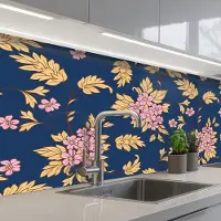 KitchenYeah Keuken achterwand 150x60 cm - Spatscherm zelfklevend Bloesem - Bladeren - Roze - Goud - Patronen - Muurbeschermer - Spatwand fornuis
