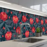 KitchenYeah Keuken achterwand 300x60 cm - Spatscherm zelfklevend Bloemen - Rood - Bladeren - Patronen - Muurbeschermer - Spatwand fornuis