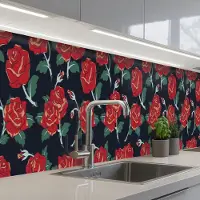 KitchenYeah Keuken achterwand 500x60 cm - Spatscherm zelfklevend Rozen - Bloem - Patroon - Rood - Muurbeschermer - Spatwand fornuis