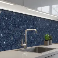 KitchenYeah Keuken achterwand 350x60 cm - Spatscherm zelfklevend Bloemen - Japans - Patroon - Blauw - Wit - Muurbeschermer - Spatwand fornuis