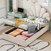 Merax Gestoffeerd bed - kinderbed 90 x 200 cm met in hoogte verstelbaar bloemvormig hoofdeinde met opbergruimte - beige - zonder matras