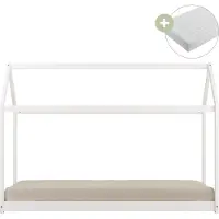 Sunny Zoey Bedhuisje van Hout in Wit | Kinderbed in Huis Vorm Inclusief Hybrid Matras 90x200 (14 cm, Hybrid foam, polyester hoes) | Volledige afmetingen (LxBxH): 206 x 98 x 154 cm