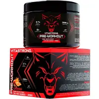 Vitastrong Pre-Workout Booster met cafeïne, 300g, met vitamine B12, citrulline, beta-alanine, cafeïnepulver, taurinepulver, AstraGin (sinaasjesmaak)