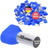 Kalitec 100 stuks AET2512BL dubbele adereindhulzen geïsoleerd 2x2,5mm² 12mm lang blauw I Made in Germany I Industriële kwaliteit