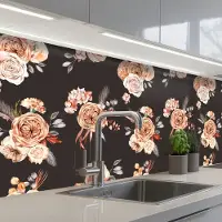 KitchenYeah Keuken achterwand 200x60 cm - Spatscherm zelfklevend Patronen - Rozen - Zwart - Muurbeschermer - Spatwand fornuis