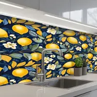 KitchenYeah Keuken achterwand 150x60 cm - Spatscherm zelfklevend Citroenen - Bloemen - Bladeren - Blauw - Muurbeschermer - Spatwand fornuis