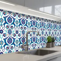 KitchenYeah Keuken achterwand 500x80 cm - Spatscherm zelfklevend Bloemen - Patronen - Blauw - Muurbeschermer - Spatwand fornuis