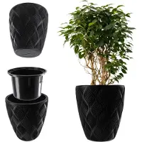 Kadax Bloempot met inzetstuk en handgrepen, plantenbak van kunststof in 5 maten, uv-bestendig, weerbestendig, hoog, met 3D-effect, zwart, 39 cm