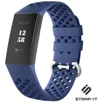 Strap-it Siliconen bandje met gaatjes - geschikt voor Fitbit Charge 3 / Fitbit Charge 4 - donkerblauw - Maat: Maat L