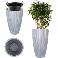 Kadax Ronde bloempot, decoratieve bloempot met binneninzetstuk, sierpot van kunststof, voor binnen en buiten (grijs)