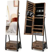 Costway Sieradenkast met spiegel, sieradenspiegelkast met lade, op wieltjes, afsluitbaar, vrijstaand, 42 x 38 x 157 cm (vintage)