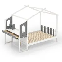 Costway Huisbed met bureau, 90 x 200 cm, kinderbed met lattenbodem, bureau met opbergdoos, laden en haken, jeugdbed, houten bed voor kinderen, wit