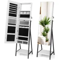 Costway Sieradenkast met spiegel, sieradenspiegelkast met 3-kleurige ledverlichting, afsluitbaar, extra plank, 41,5 x 37 x 157 cm (wit)