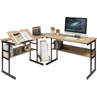 Costway L-vormig bureau, hoekbureau van hout met kantelbaar tafelblad, 2 planken en CPU-standaard, computertafel voor thuis en kantoor, 170 x 150 x 75 cm, naturel